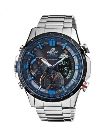 Мъжки часовник Casio Edifice сребрист браслет с оранжев бутон и син циферблат