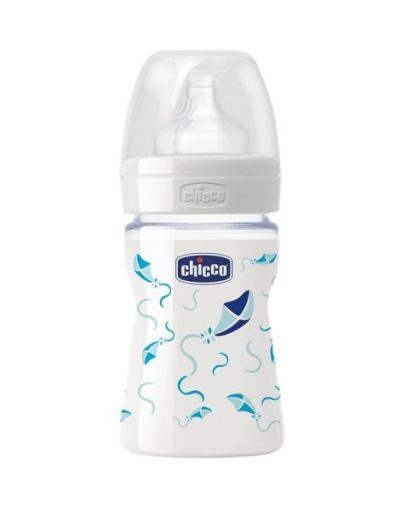 CHICCO N0213 Шише стъкло силикон 150 мл. 0м+ СИНЬО