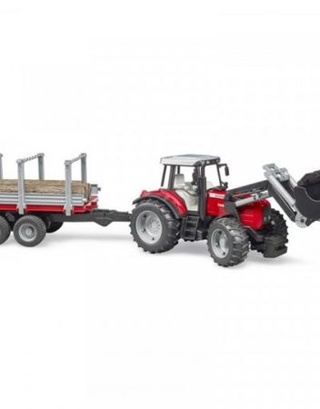 BRUDER Трактор с челен товарач и ремарке за дървен материал MASSEY FERGUSON 7480 02046