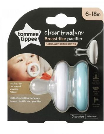 TOMMEE TIPPEE Ортодонтични залъгалки 6-18 м. BREAST-LIKE С БЯЛ И ЦВЕТЕН РИНГ TT.0202